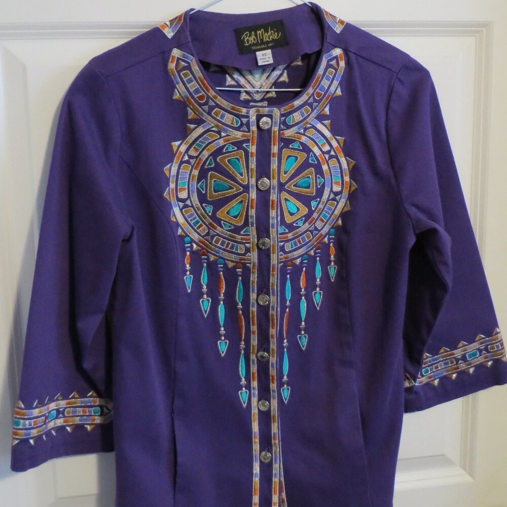 Bob Mackie Purple Native American Pattern Embroidered Cotton 3/4 Sleeve Jacket